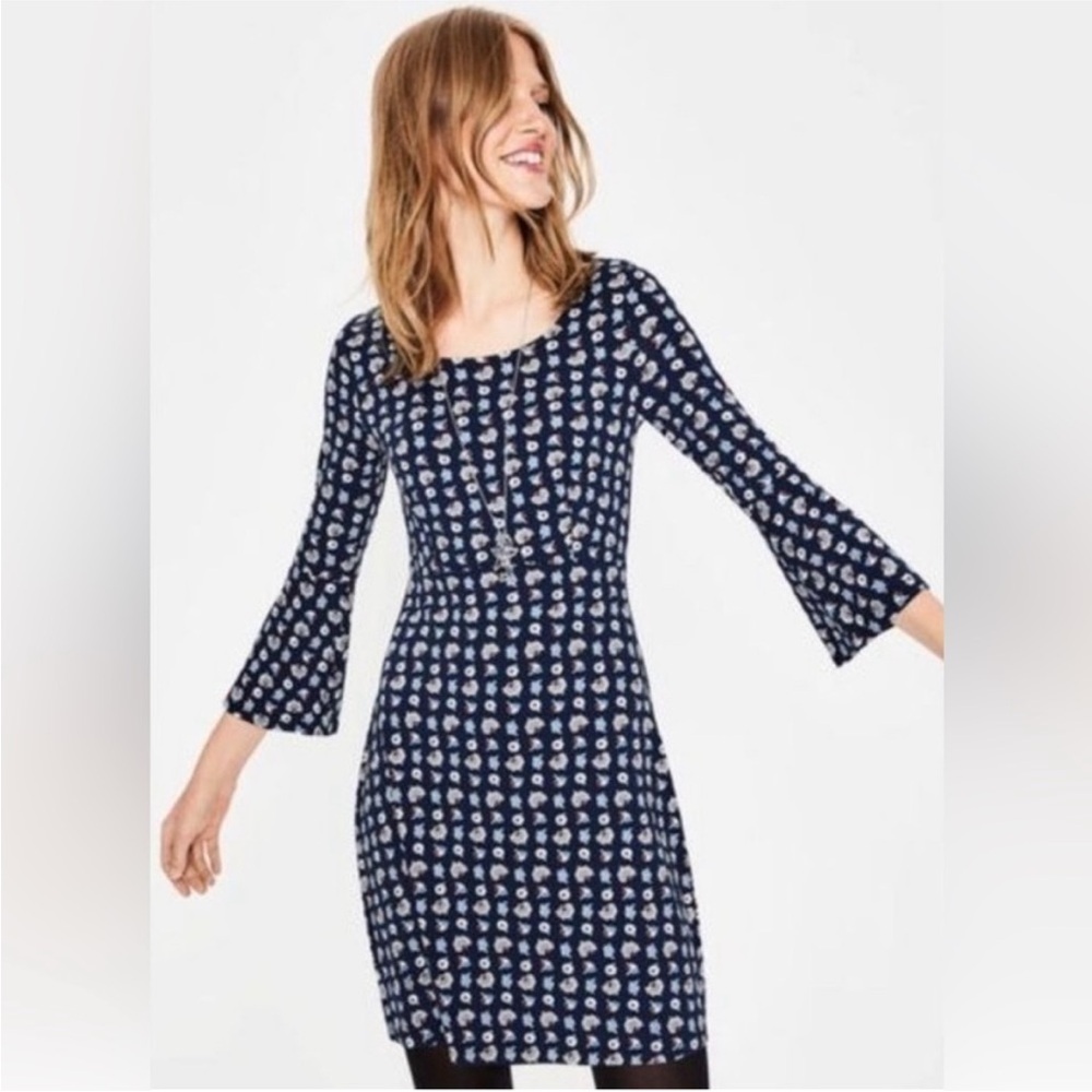 Boden Miriam Jersey Bell Sleeve Mini Dress Navy Flower Press J0273 Size 12 R